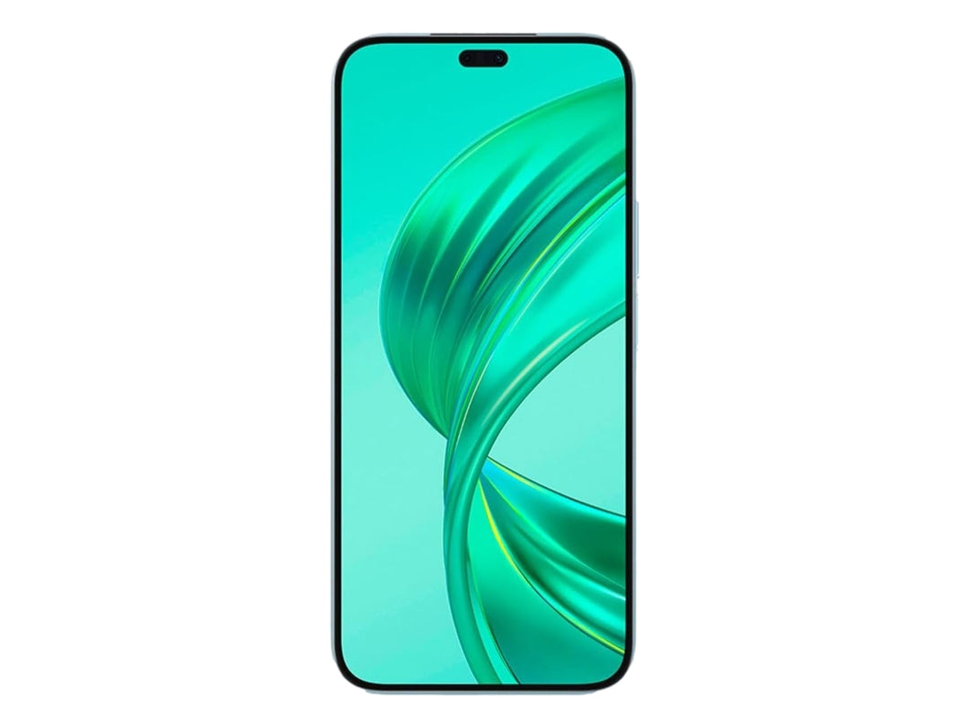 Smartphone HONOR color plata con pantalla frontal encendida y módulo de cuatro cámaras en la parte posterior.