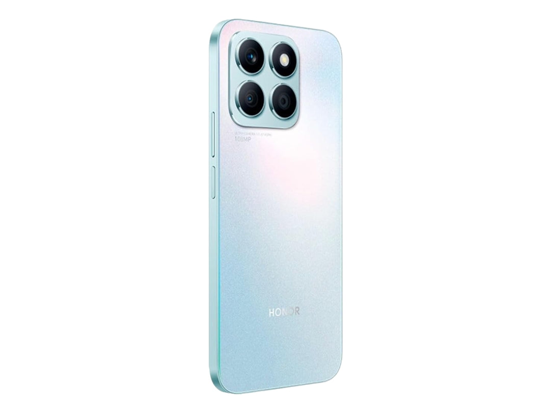 Smartphone HONOR color plata con pantalla frontal encendida y módulo de cuatro cámaras en la parte posterior.