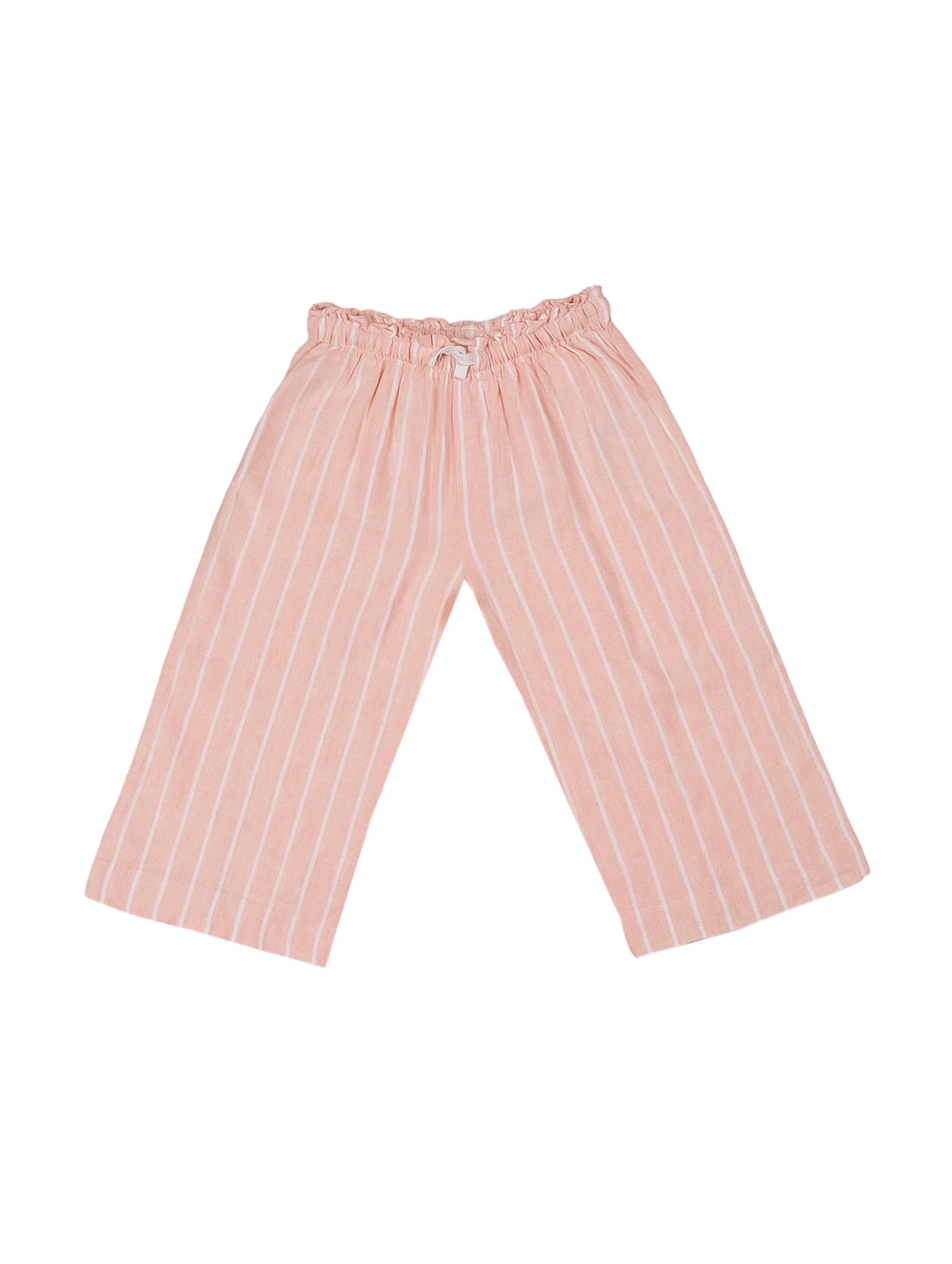 Pantalón para niña color salmón pastel con rayas blancas verticales y cintura elástica.