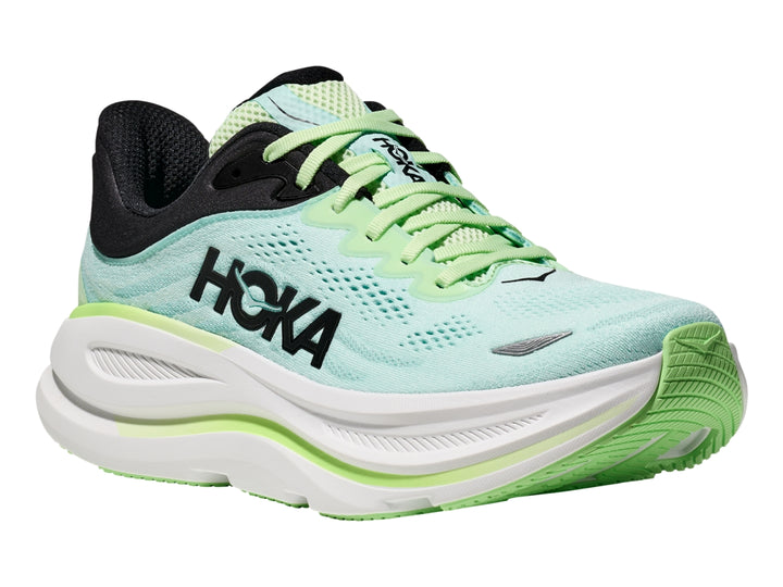 Tenis HOKA Bondi 9 color verde menta y blanco con suela gruesa y detalles en negro.