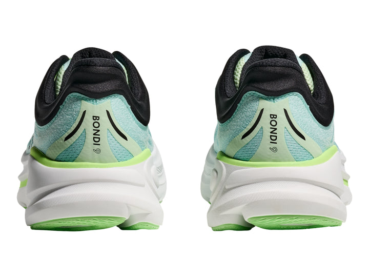 Tenis HOKA Bondi 9 color verde menta y blanco con suela gruesa y detalles en negro.