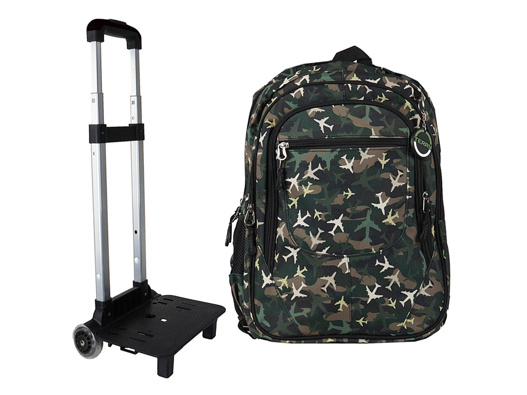 Mochila Terry Rodante Aviones Verde Militar para Nino