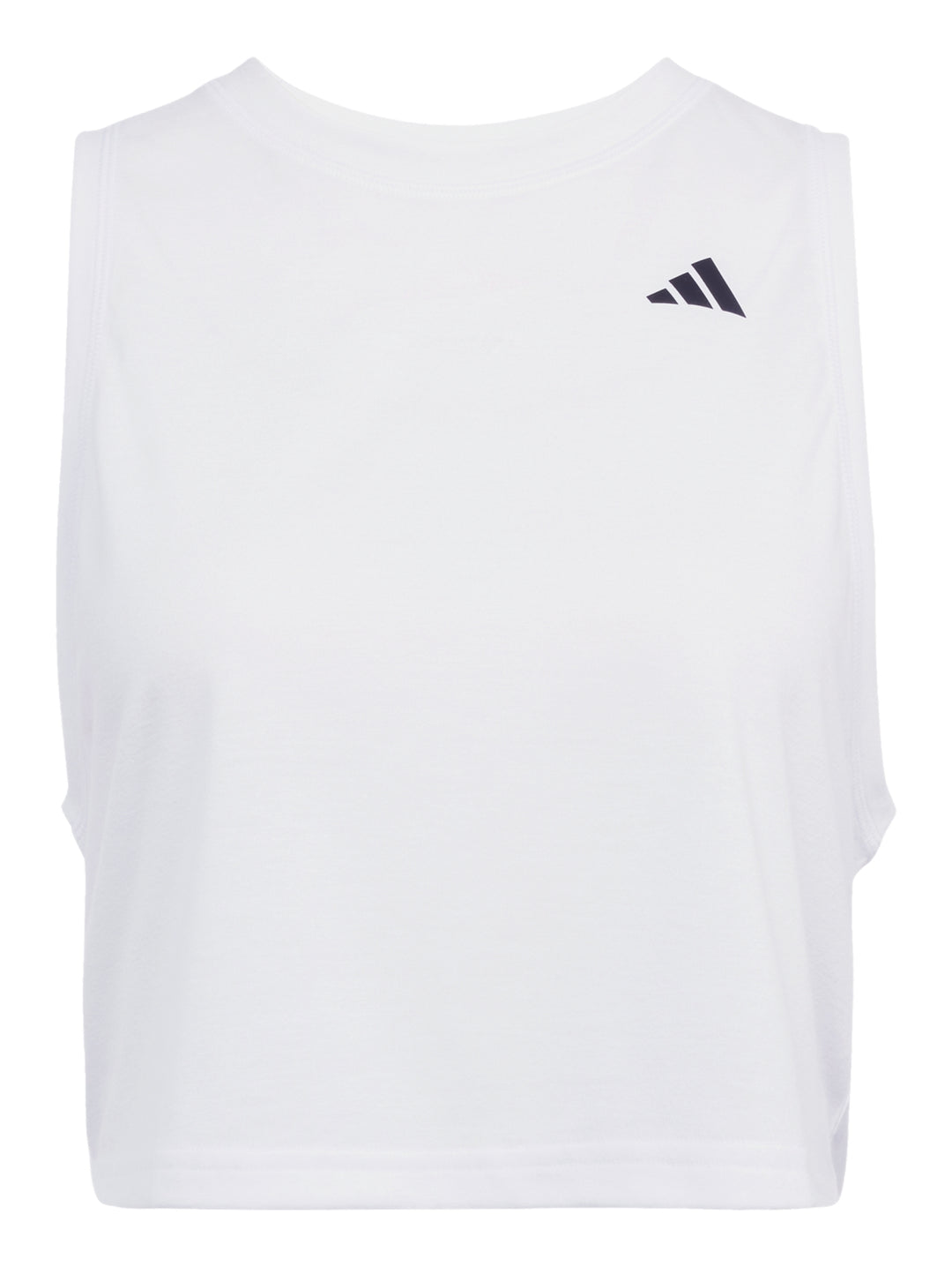 Camiseta deportiva Adidas blanca sin mangas, estilo boxy y corto, ideal para entrenamiento.
