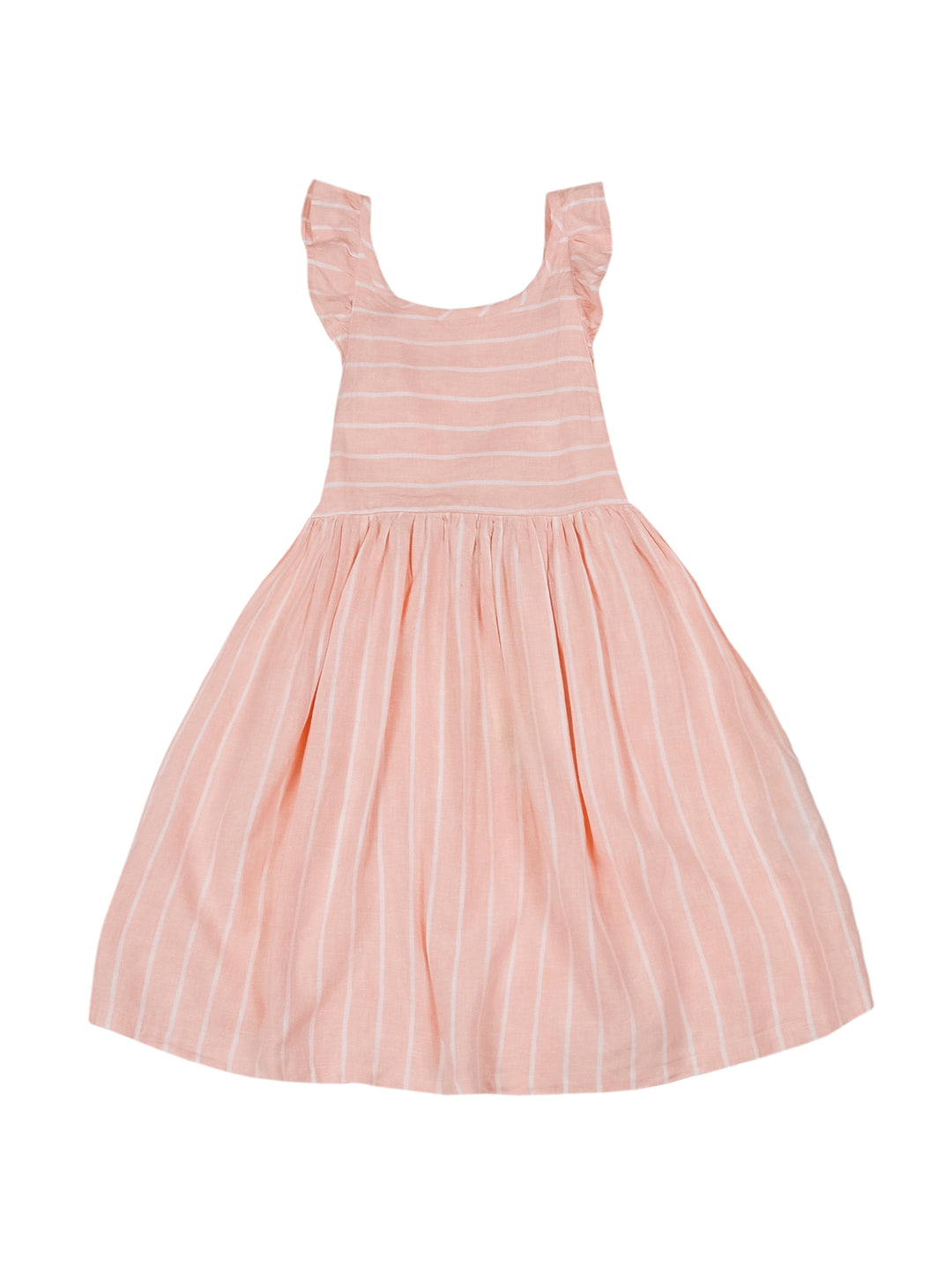 Vestido para niña color salmón pastel con rayas blancas y detalles de volantes en los hombros.