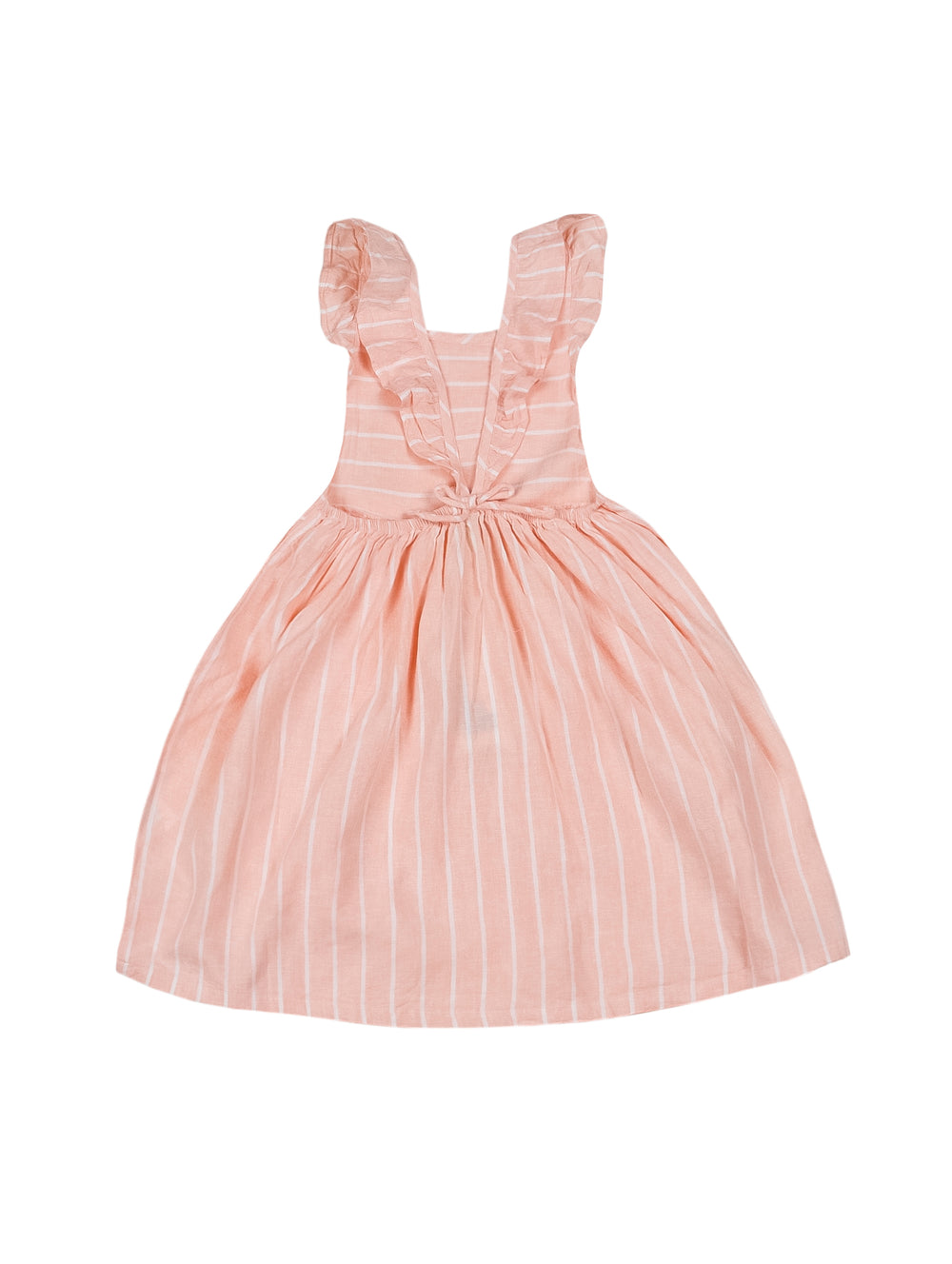 Vestido para niña color salmón pastel con rayas blancas y detalles de volantes en los hombros.