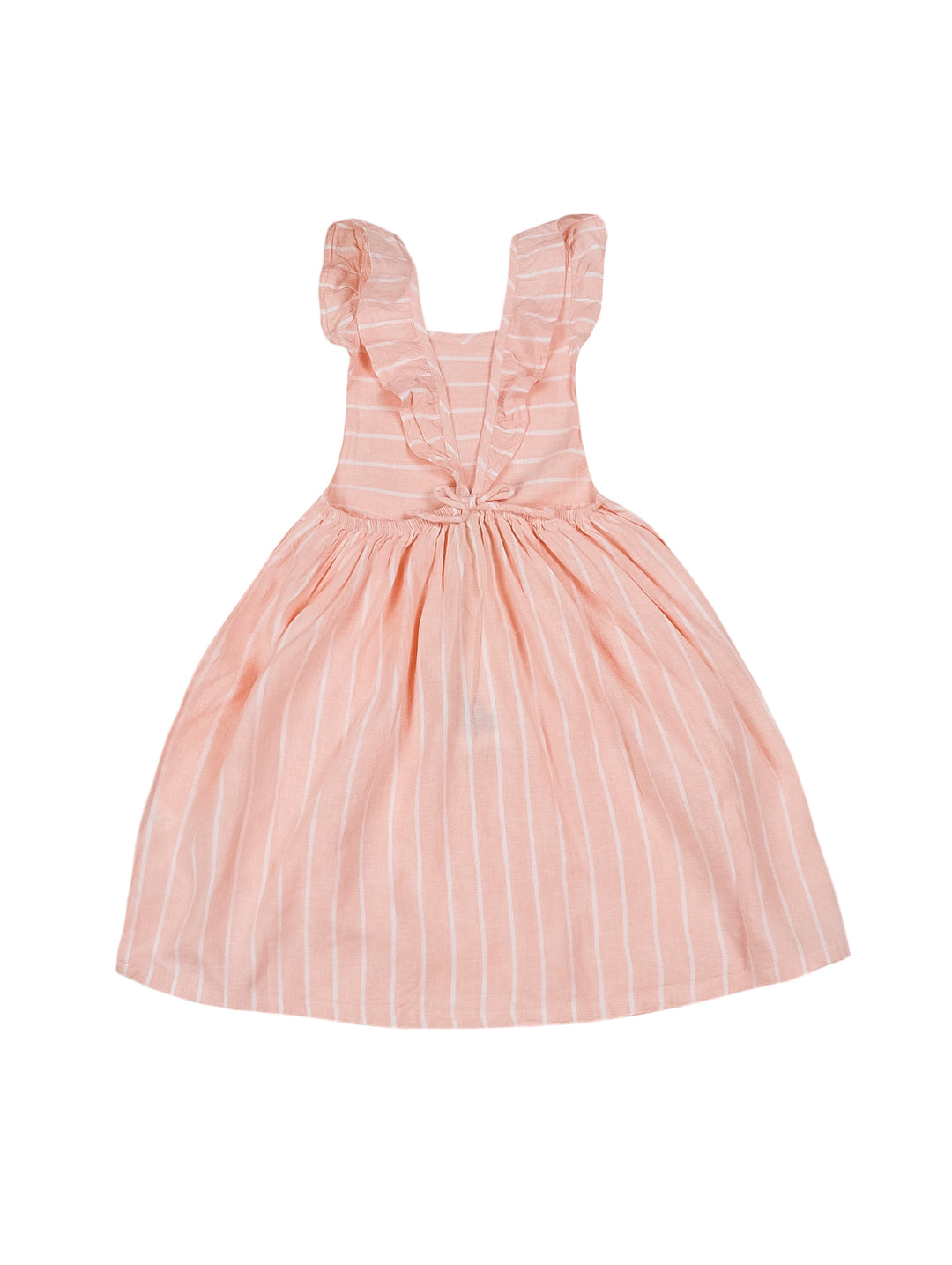 Vestido para niña color salmón pastel con rayas blancas y detalles de volantes en los hombros.