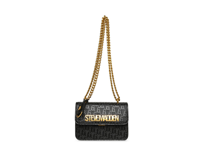 Bolso pequeño negro con acabado brillante y cadena dorada de la marca Steve Madden.