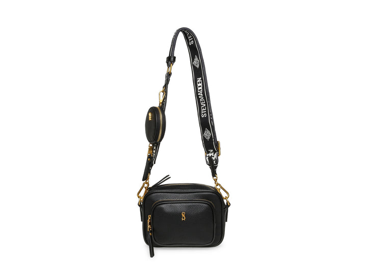 Bolso negro Steve Madden con detalles dorados y correa ajustable con logo.