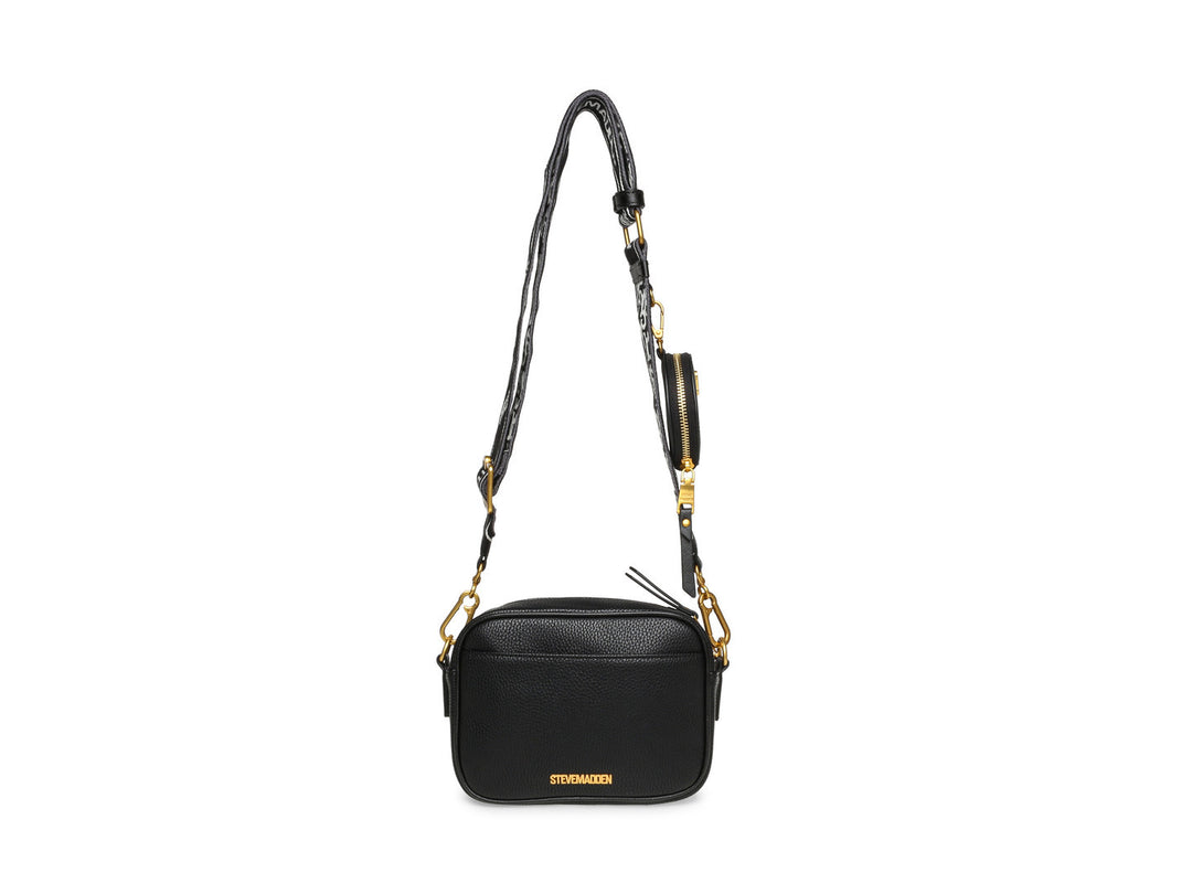 Bolso negro Steve Madden con detalles dorados y correa ajustable con logo.