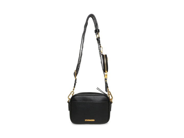 Bolso negro Steve Madden con detalles dorados y correa ajustable con logo.