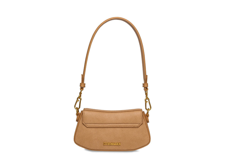 Bolso pequeño Steve Madden color camel con correa ancha logotipada y detalles en dorado.