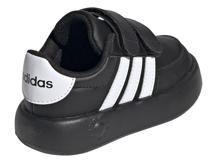 Tenis Adidas Breaknet 2.0 color negro con tres franjas blancas y cierre de velcro.