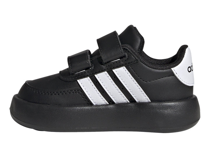 Tenis Adidas Breaknet 2.0 color negro con tres franjas blancas y cierre de velcro.