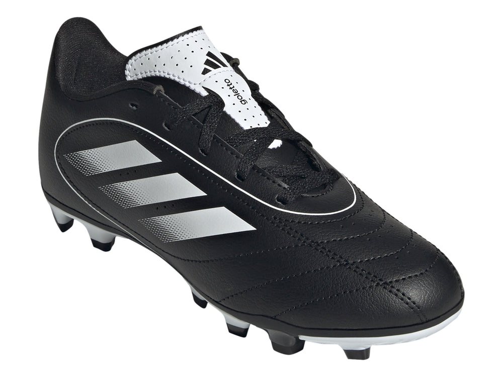 Botas de fútbol Adidas Goletto IX color negro con tres franjas blancas y tacos blancos.