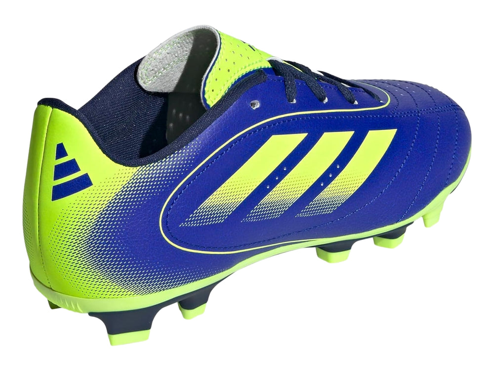 Zapato de fútbol Adidas Goletto IX en color azul con detalles en amarillo neón y suela de tacos.