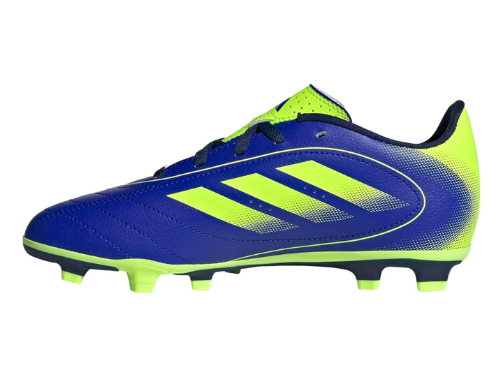Zapato de fútbol Adidas Goletto IX en color azul con detalles en amarillo neón y suela de tacos.