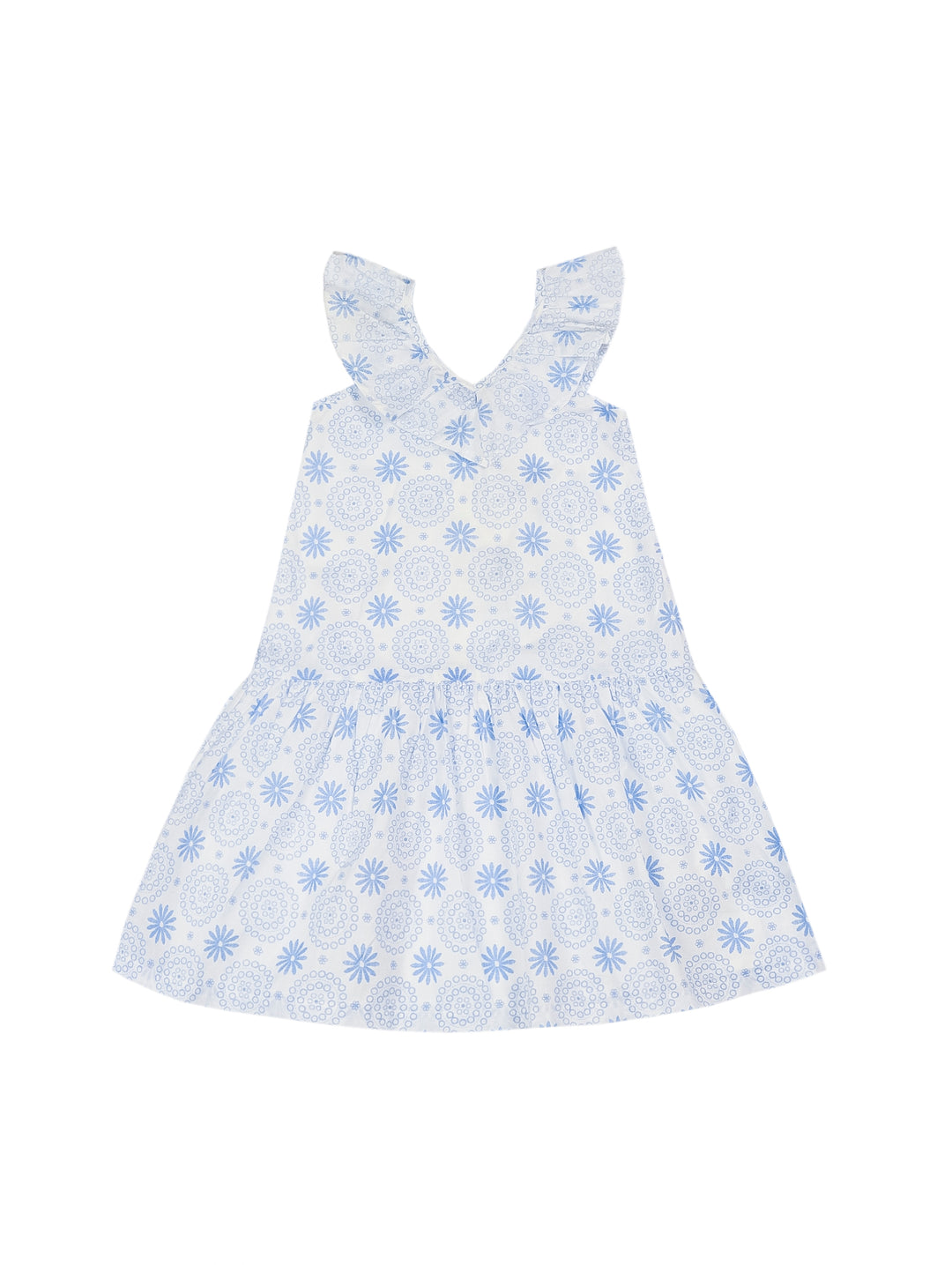 Vestido blanco para niña con estampado floral azul y volantes en los hombros.