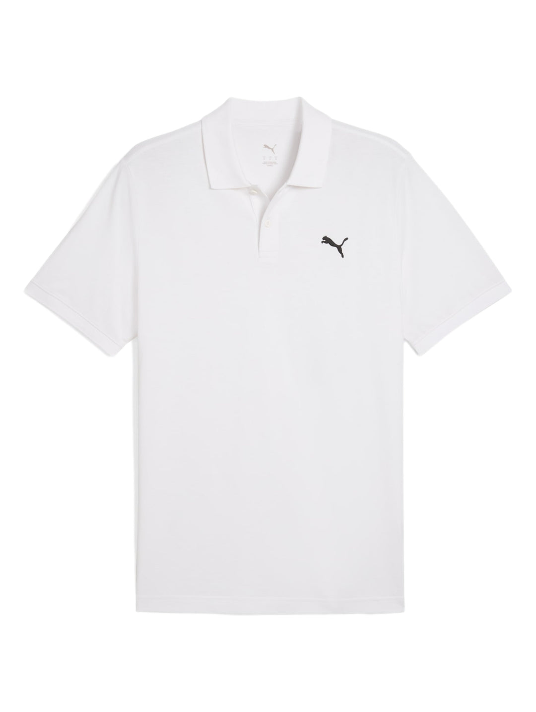 Camiseta polo PUMA de color blanco con cuello y logotipo negro en el pecho.