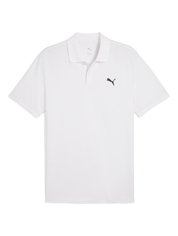 Camiseta polo PUMA de color blanco con cuello y logotipo negro en el pecho.