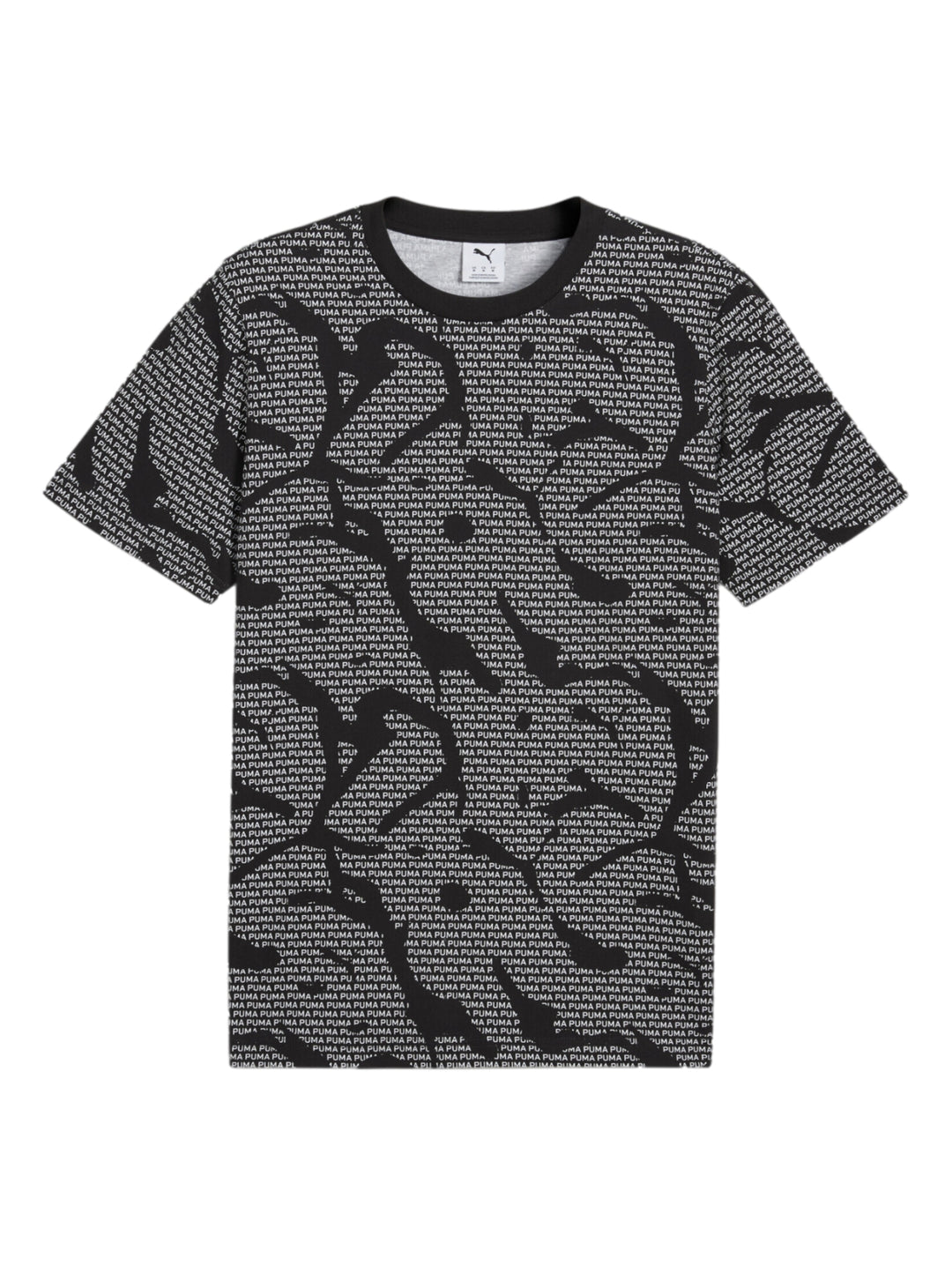 Camiseta negra de manga corta con estampado repetitivo de la marca PUMA en color blanco.