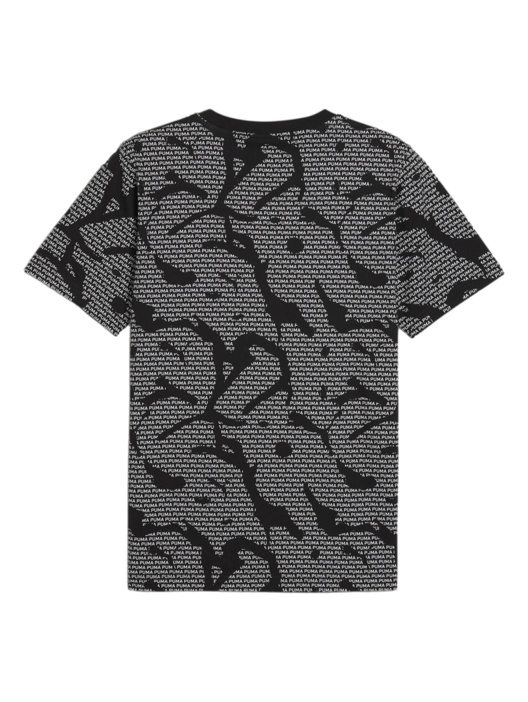 Camiseta negra de manga corta con estampado repetitivo de la marca PUMA en color blanco.