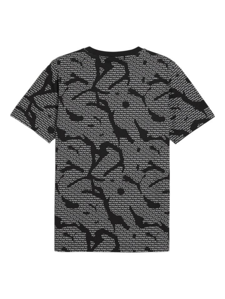 Camiseta negra de manga corta con estampado repetitivo de la marca PUMA en color blanco.