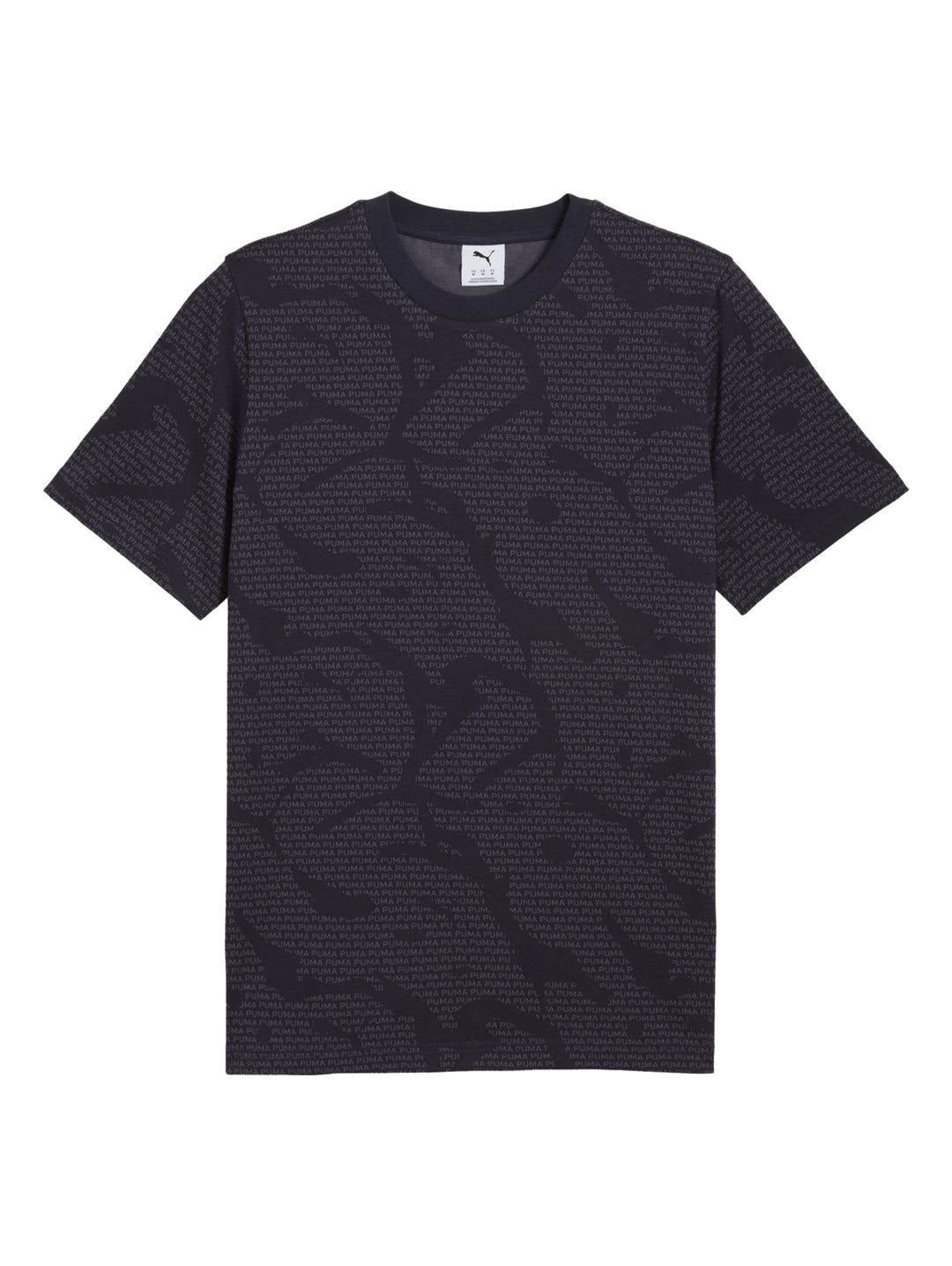 Camiseta PUMA azul marino con estampado repetitivo de logotipos en toda la prenda.