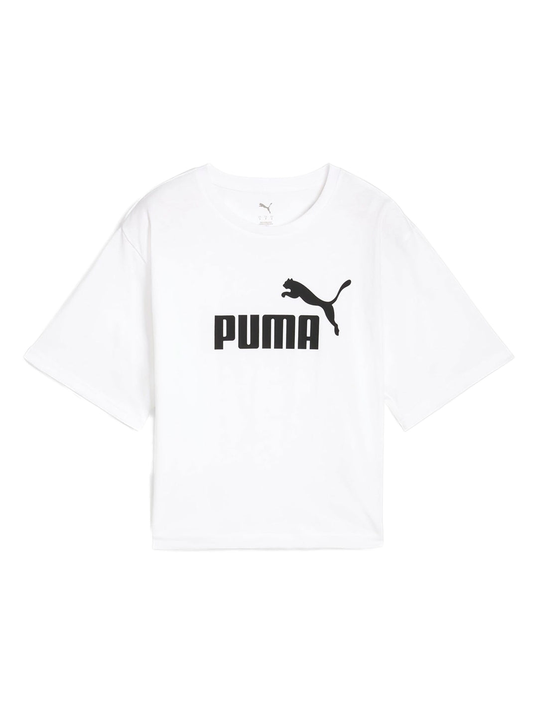 Camiseta corta blanca de PUMA con logotipo negro en el pecho.
