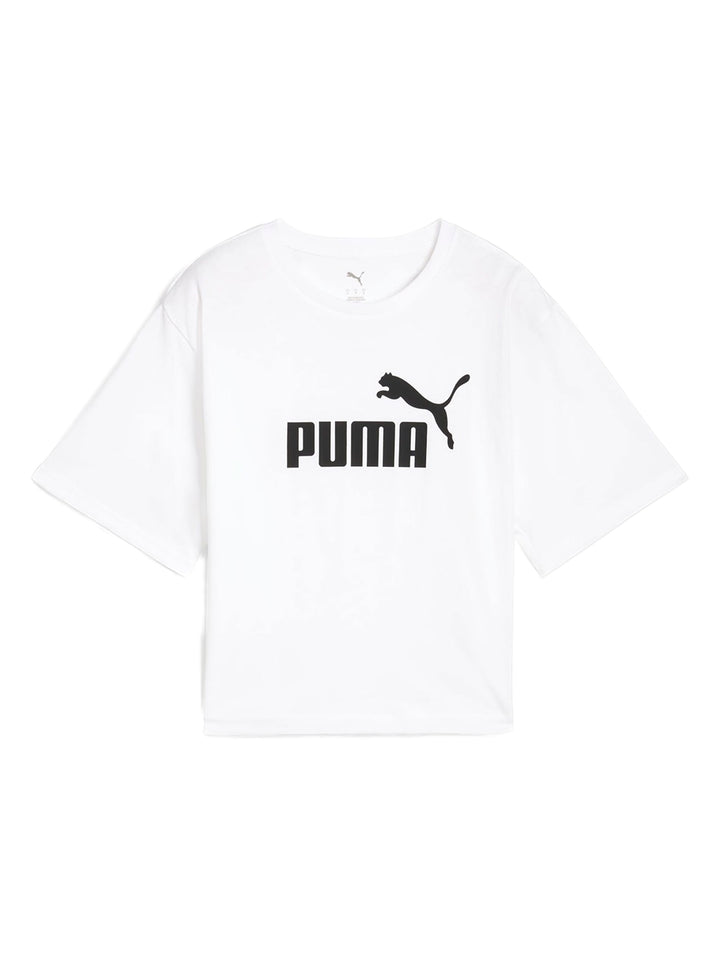 Camiseta corta blanca de PUMA con logotipo negro en el pecho.
