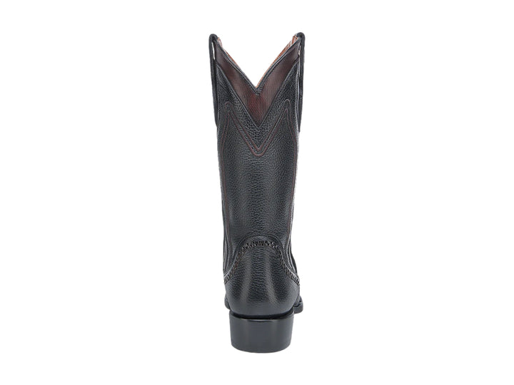 Bota vaquera Cuadra de cuero negro con detalles en color café y punta afilada.