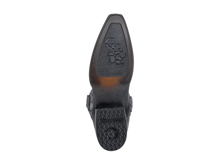 Bota vaquera Cuadra de cuero negro con detalles en color café y punta afilada.