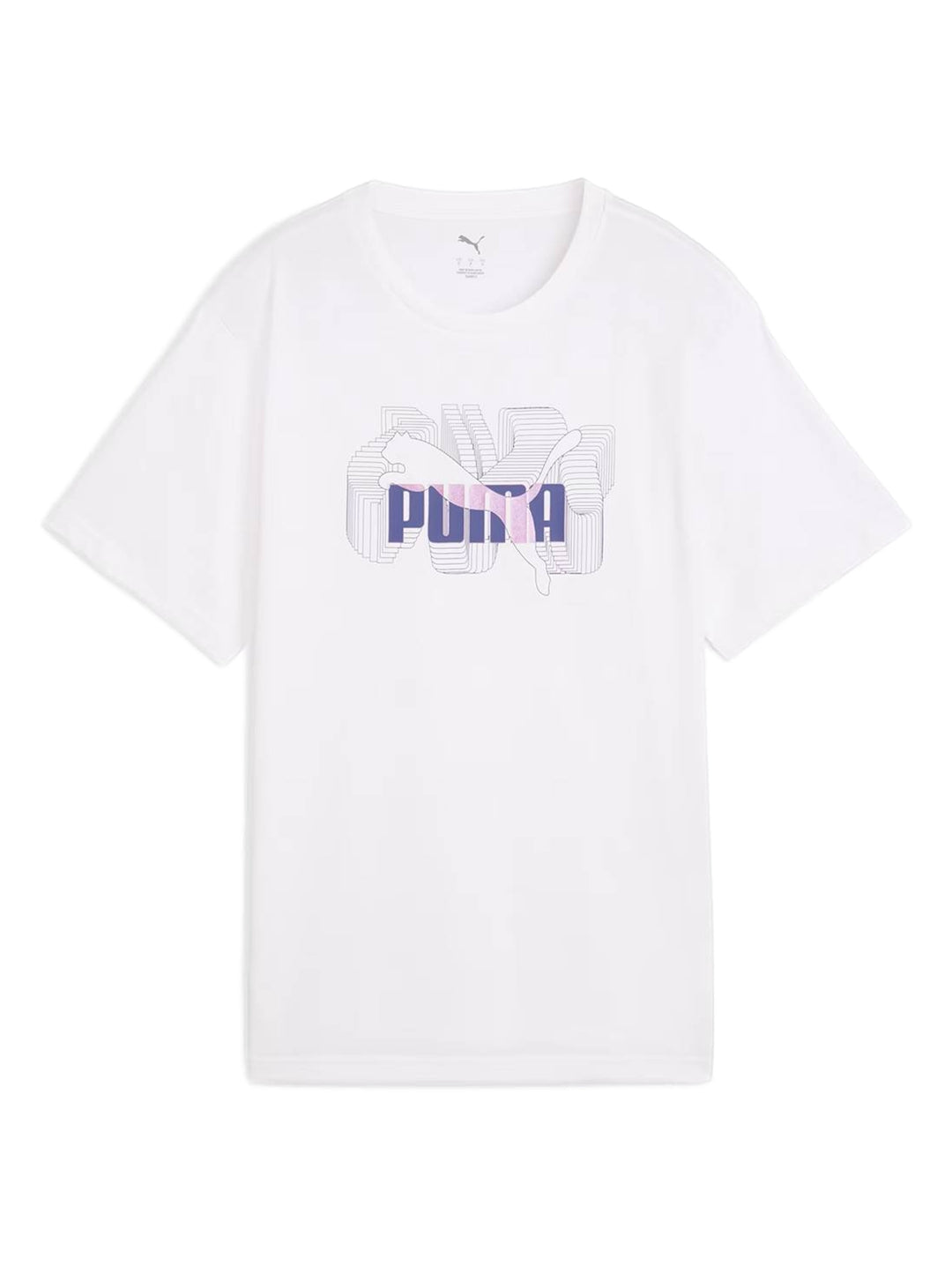 Camiseta PUMA blanca de manga corta con logotipo gráfico en el pecho.