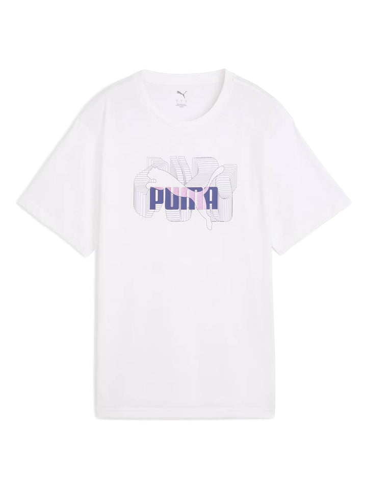 Camiseta PUMA blanca de manga corta con logotipo gráfico en el pecho.