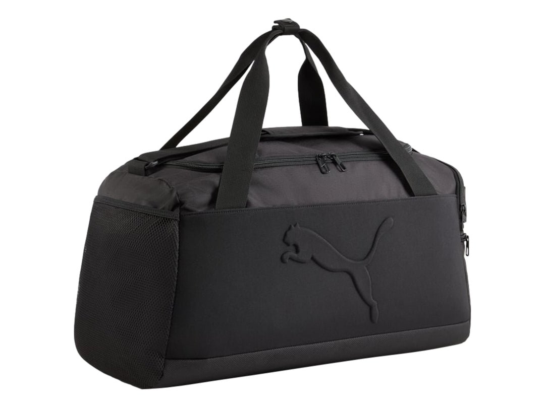 Bolsa de deporte PUMA Buzz Small en color negro con asas y bolsillo lateral de malla.