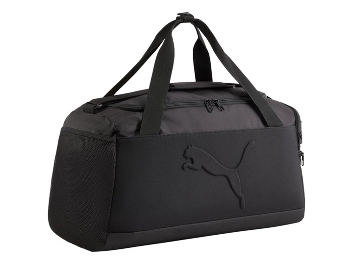 Bolsa de deporte PUMA Buzz Small en color negro con asas y bolsillo lateral de malla.