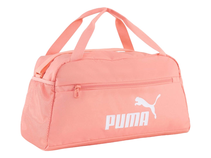 Bolsa de deporte pequeña color rosa con logotipo de PUMA en blanco y asas superiores.