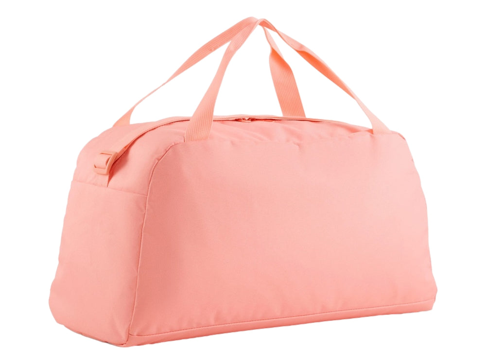 Bolsa de deporte pequeña color rosa con logotipo de PUMA en blanco y asas superiores.