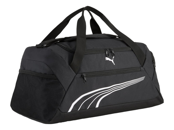 Bolsa deportiva Puma Fundamental Small en color negro con detalles blancos y compartimento lateral de malla.