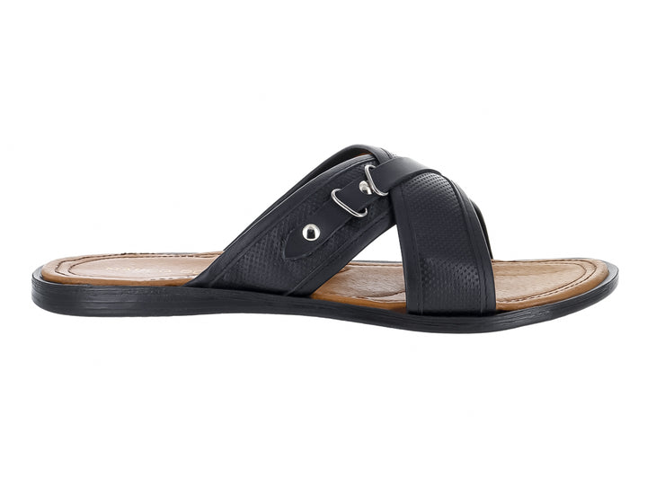 Sandalia negra para hombre con correas cruzadas, hebilla plateada y plantilla color café.