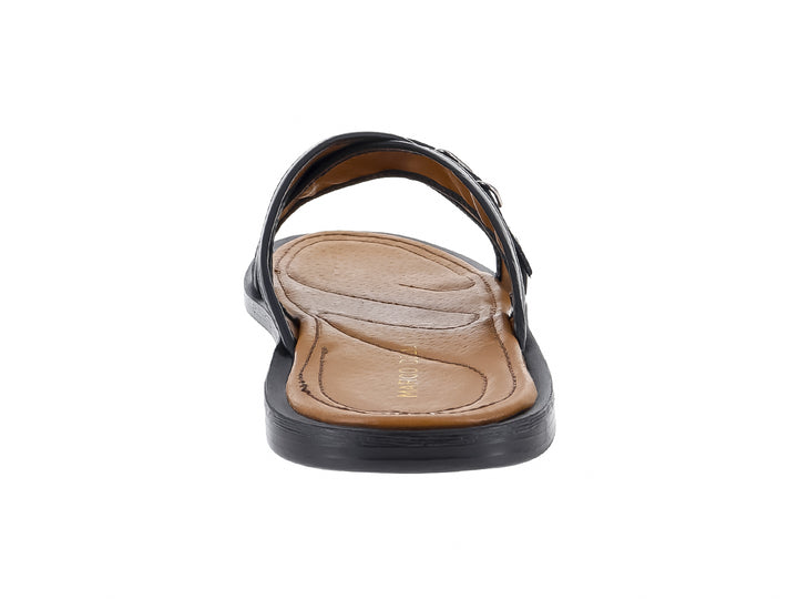 Sandalia negra para hombre con correas cruzadas, hebilla plateada y plantilla color café.