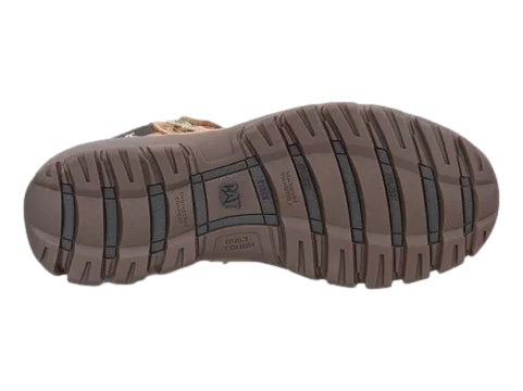 Bota Caterpillar color miel de piel nubuck con suela marrón oscuro y cordones.