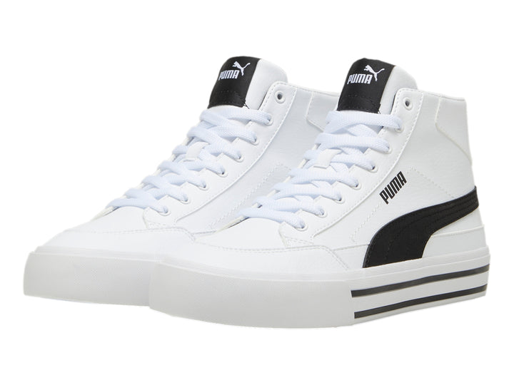 Tenis PUMA Court Classic Vulc Mid color blanco con detalles negros en la suela.