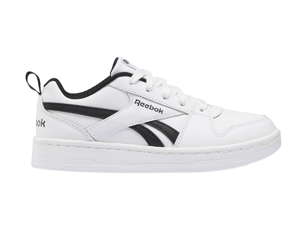 Tenis Reebok blancos con detalles en negro, diseño deportivo de corte bajo para niños.