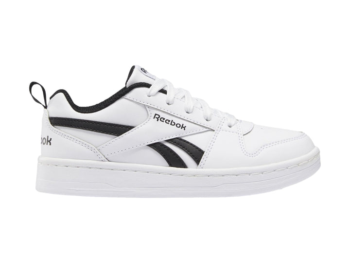 Tenis Reebok blancos con detalles en negro, diseño deportivo de corte bajo para niños.