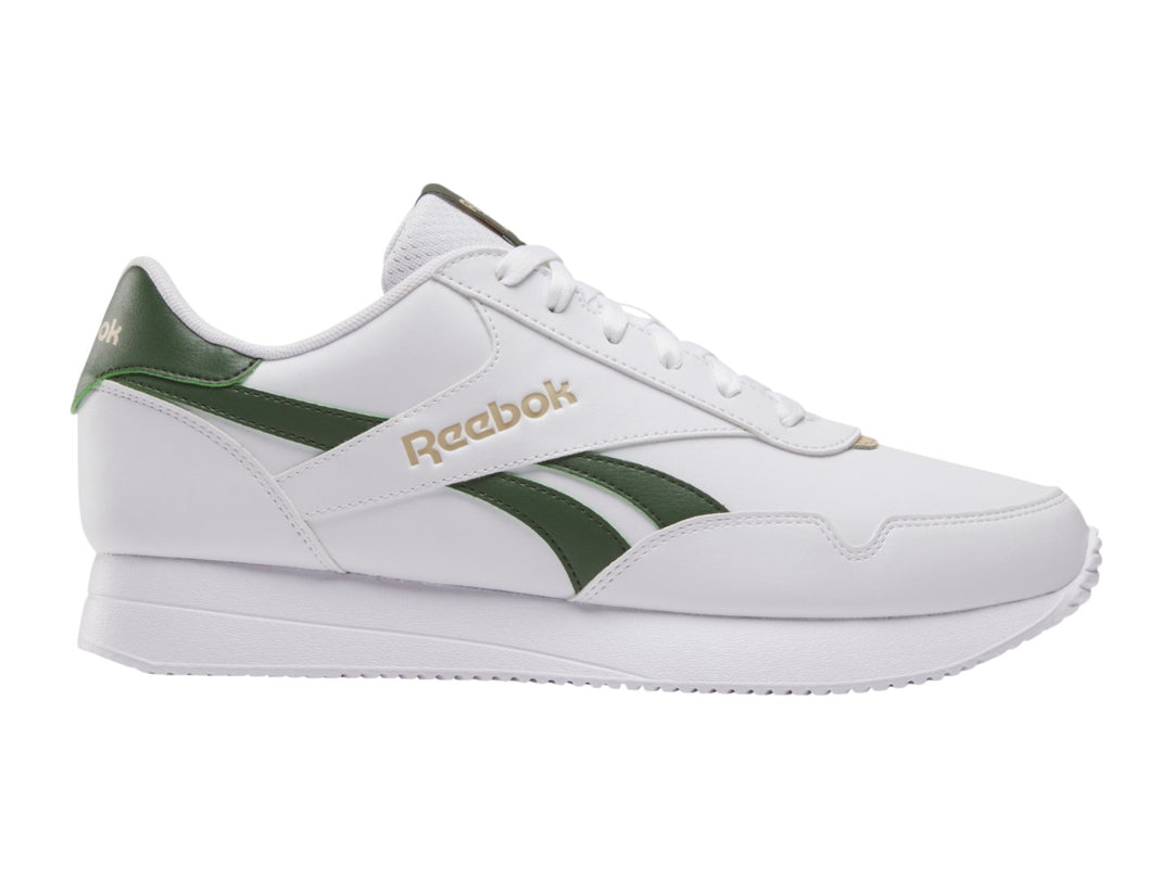 Tenis Reebok blancos con detalles en color verde y suela blanca, estilo deportivo casual.