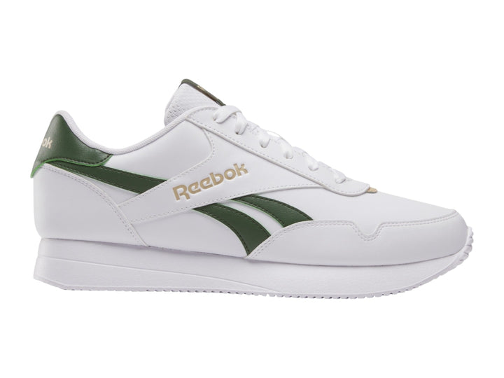 Tenis Reebok blancos con detalles en color verde y suela blanca, estilo deportivo casual.