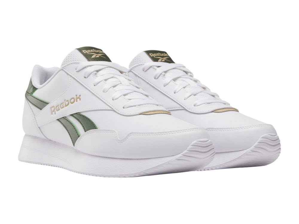Tenis Reebok blancos con detalles en color verde y suela blanca, estilo deportivo casual.