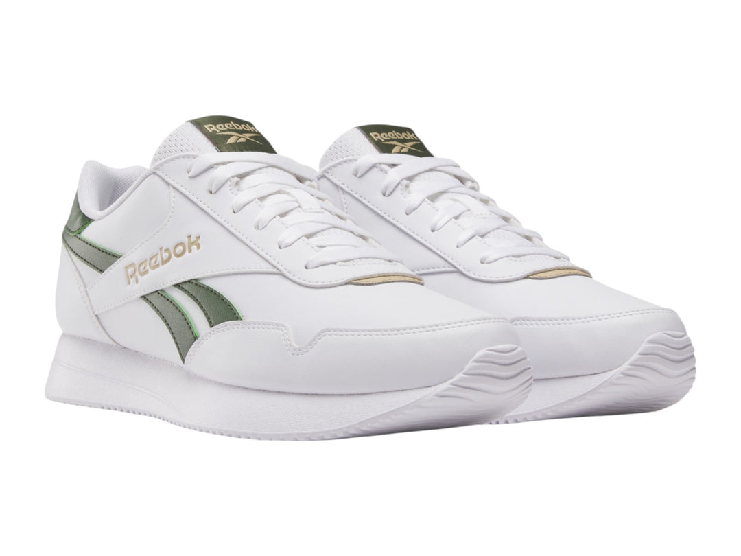 Tenis Reebok blancos con detalles en color verde y suela blanca, estilo deportivo casual.