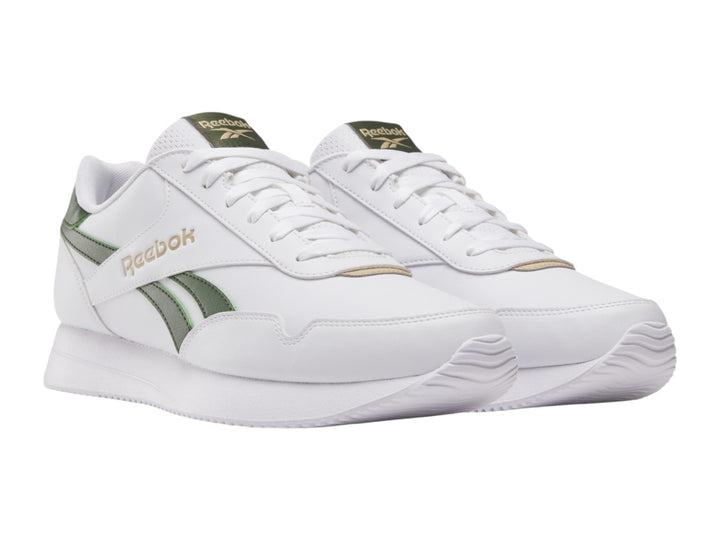 Tenis Reebok blancos con detalles en color verde y suela blanca, estilo deportivo casual.