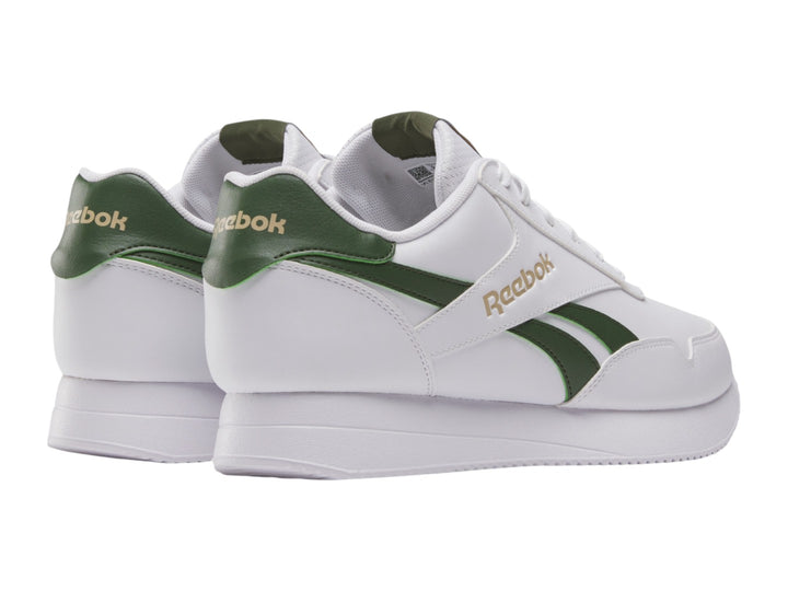Tenis Reebok blancos con detalles en color verde y suela blanca, estilo deportivo casual.